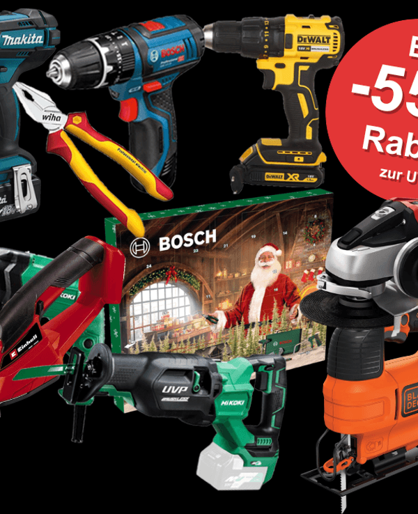 Werkzeug und Gartengeräte vor einer roten Backsteinmauer in einer Wohnsiedlung mit Häusern. Baumarkt Angebote im Amazon Sale von vielen Marken wie Bosch, Einhell, Makita, Metabo, DeWalt und mehr.