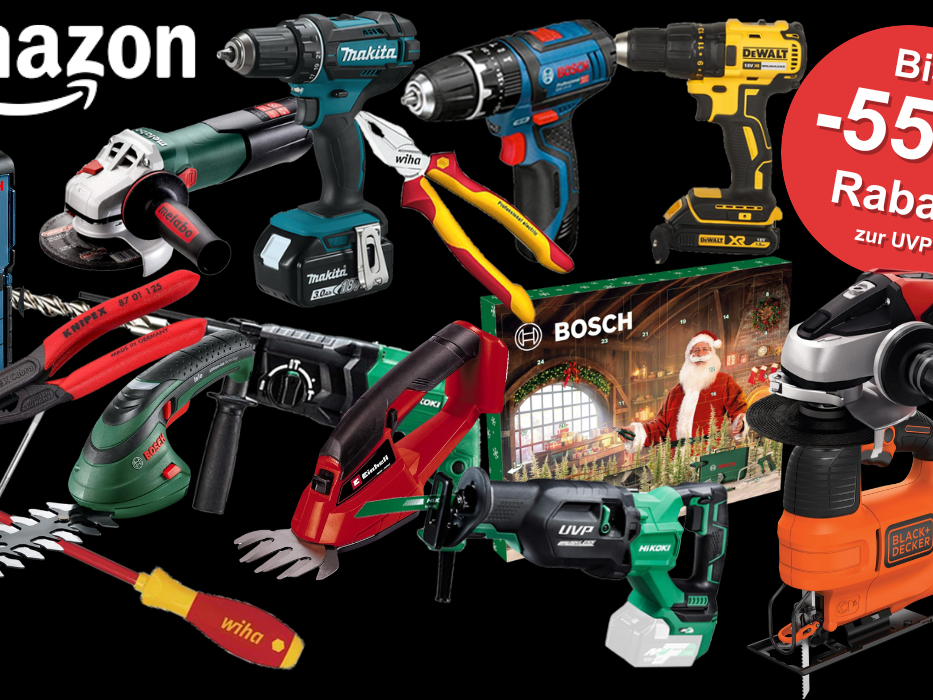 Werkzeug und Gartengeräte vor einer roten Backsteinmauer in einer Wohnsiedlung mit Häusern. Baumarkt Angebote im Amazon Sale von vielen Marken wie Bosch, Einhell, Makita, Metabo, DeWalt und mehr.