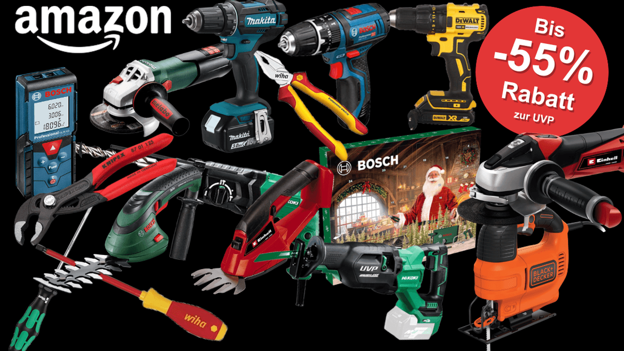 Werkzeug und Gartengeräte vor einer roten Backsteinmauer in einer Wohnsiedlung mit Häusern. Baumarkt Angebote im Amazon Sale von vielen Marken wie Bosch, Einhell, Makita, Metabo, DeWalt und mehr.