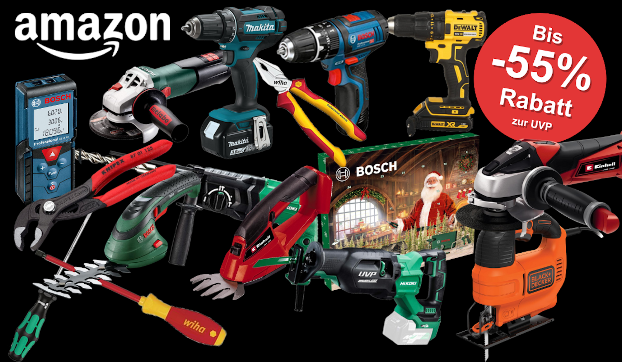 Werkzeug und Gartengeräte vor einer roten Backsteinmauer in einer Wohnsiedlung mit Häusern. Baumarkt Angebote im Amazon Sale von vielen Marken wie Bosch, Einhell, Makita, Metabo, DeWalt und mehr.