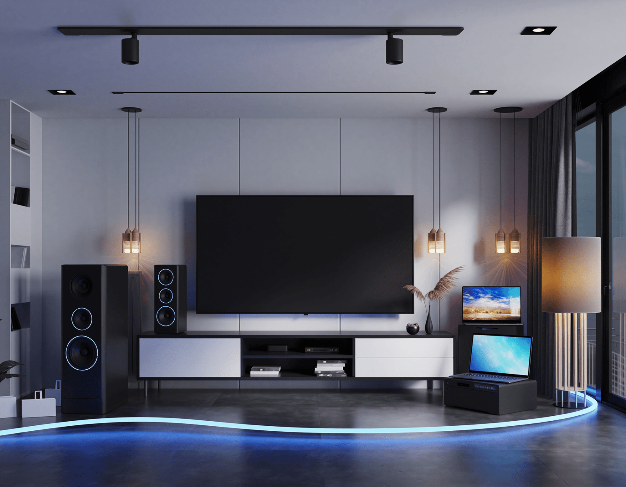 Wohnzimmer mit TV, Laptop, Lautsprecher und alle eingeschaltet.