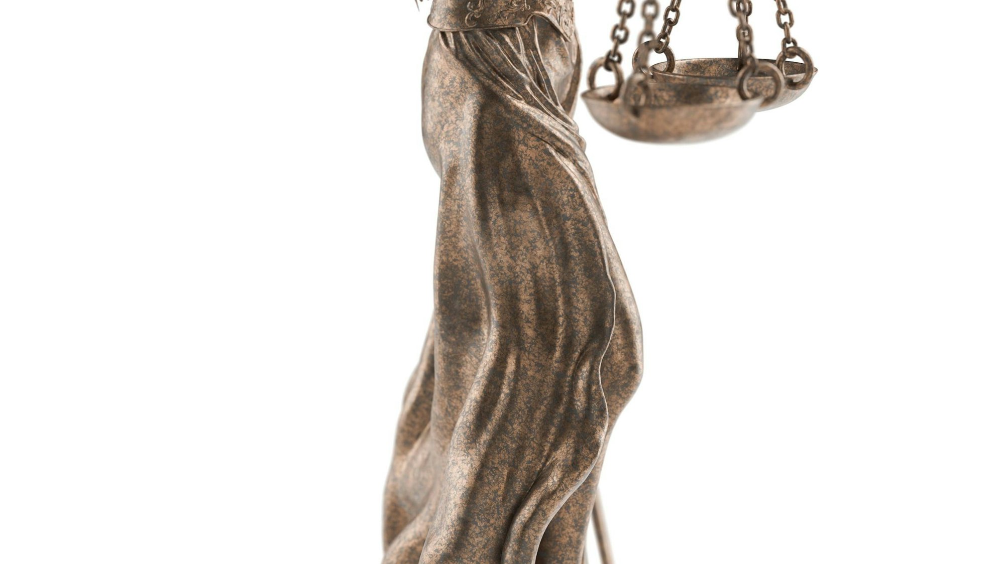 Bronzene Justitia-Statue mit verbundenen Augen und Waage, als Symbol für einen Gerichtssaal
