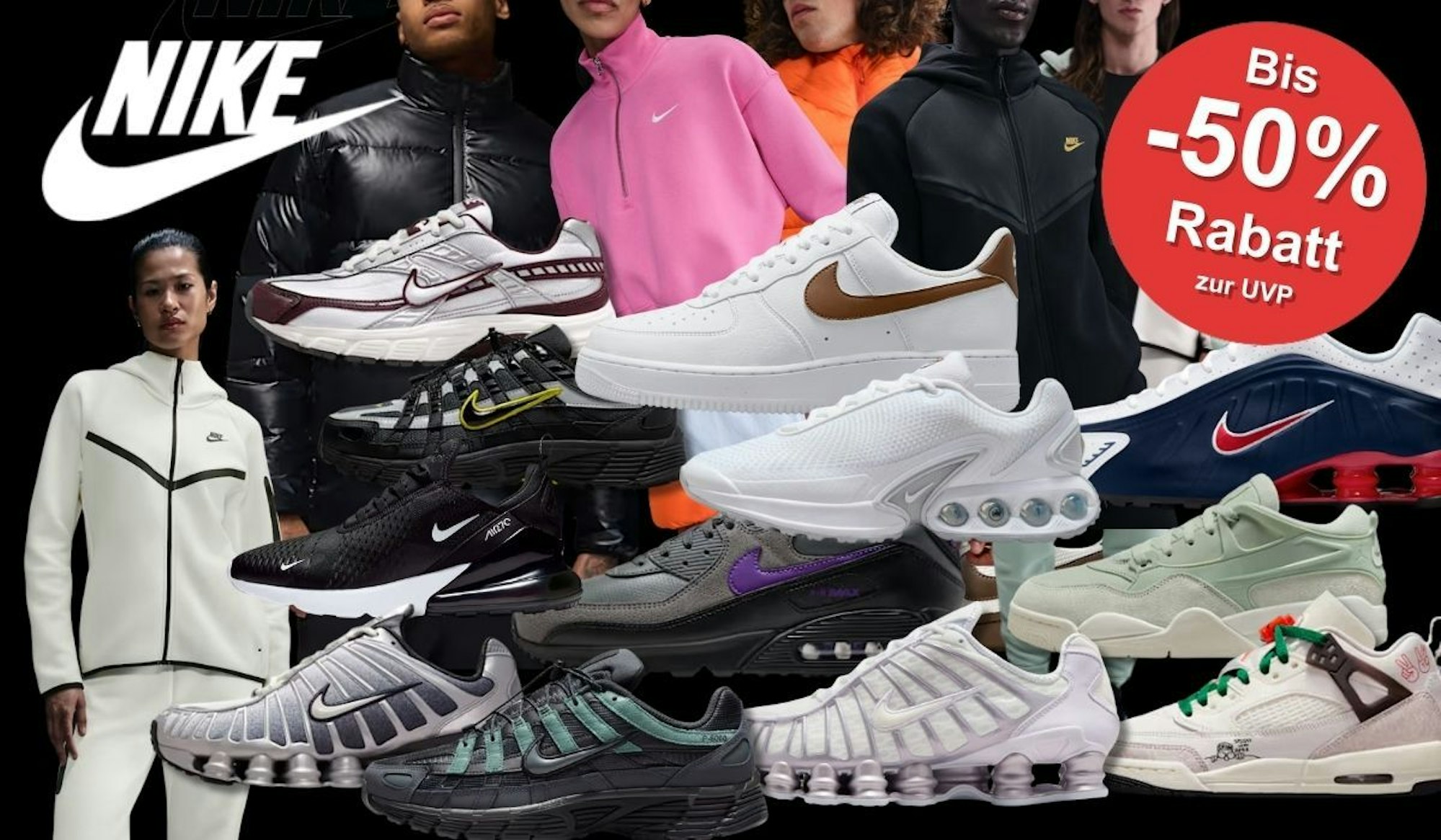 Nike Sneaker und Bekleidung, darunter Modelle wie Shox, Air Max, Air Force 1, Dunk Low, Air Max und Tech Fleece vor einem Schwarzen Hintergrund mit vielen Models, die die Nike Kleidung tragen.