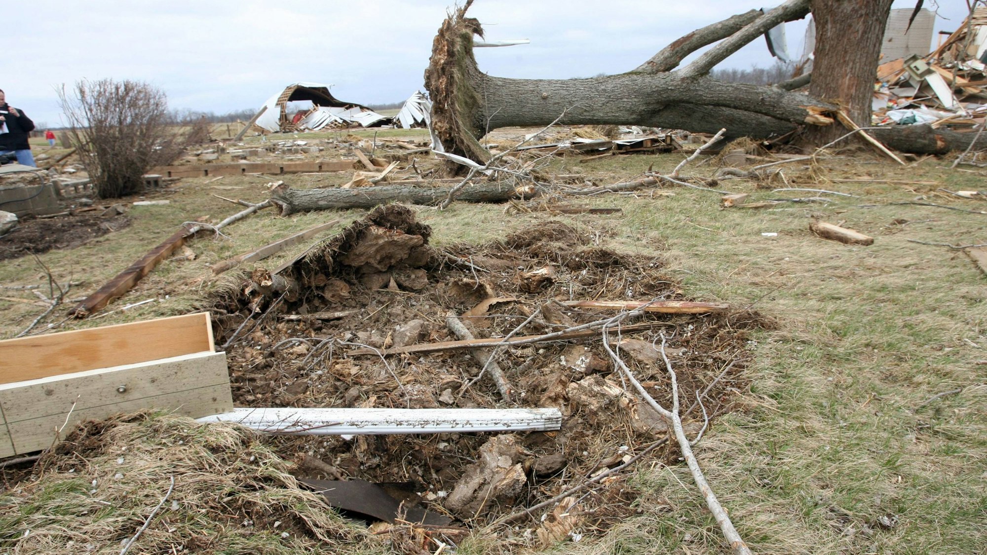 Vom Tornado verwüstete Landschaft mit entwurzeltem Baum, Trümmern und zerstörtem Gebäude