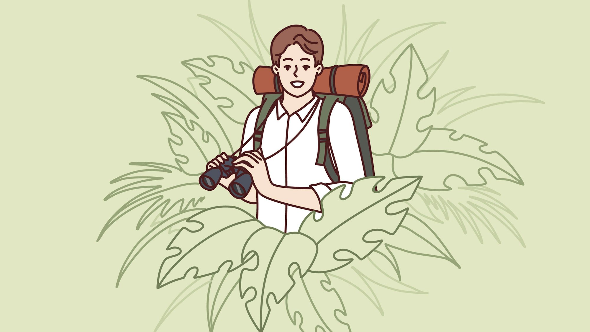 Ein lächelnder Forscher im Regenwald mit Rucksack und Fernglas, umgeben von grünen Blättern