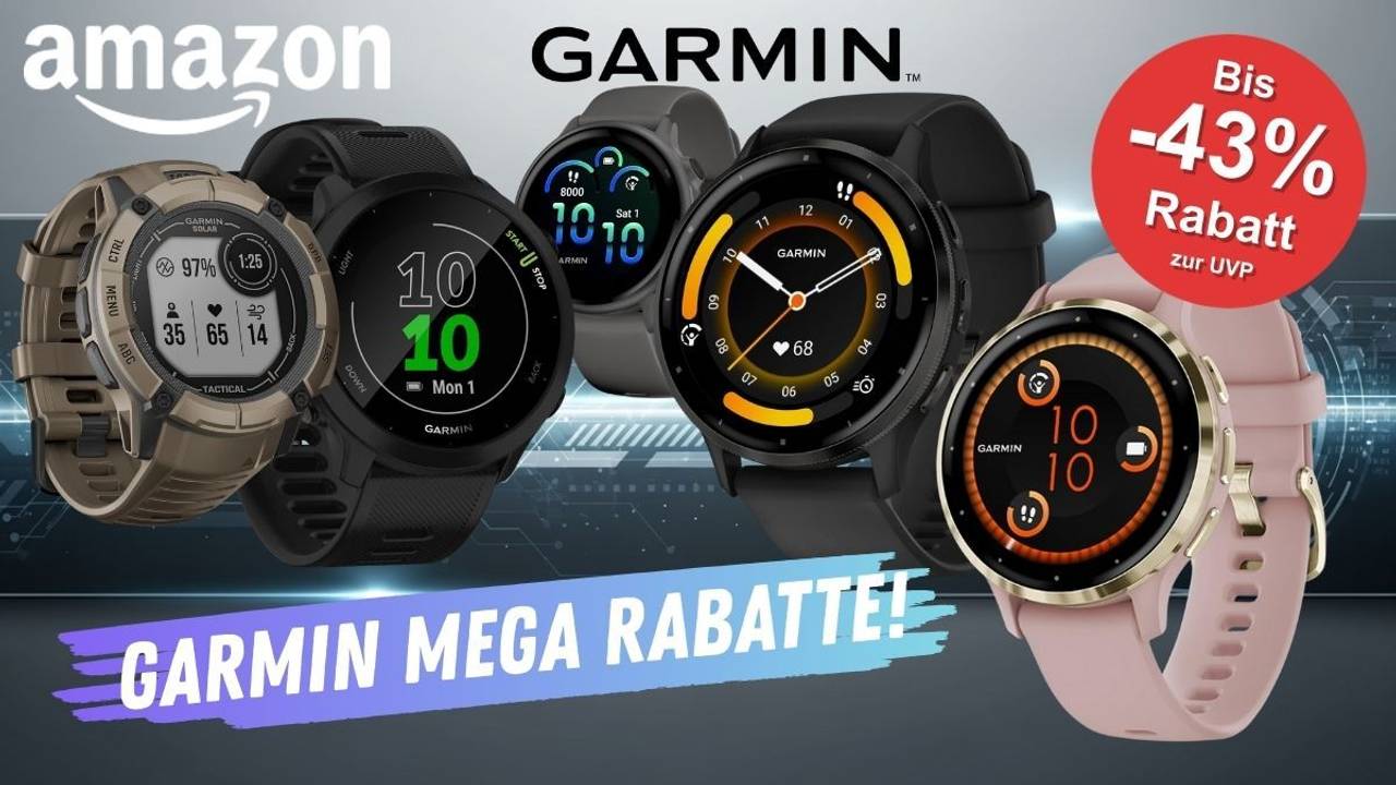 Garmin Venu 3, Instinct, vivoactive und Forerunner Smartwatches vor einem digitalen, technischen Hintergrund.