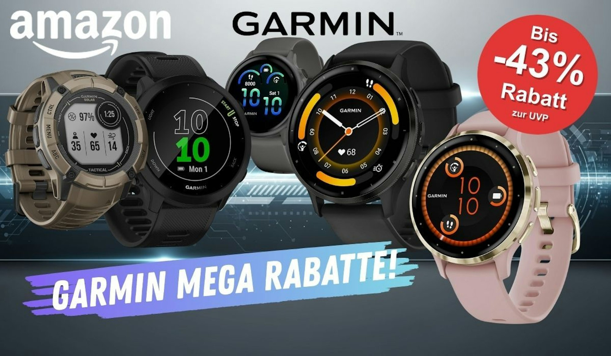 Garmin Venu 3, Instinct, vivoactive und Forerunner Smartwatches vor einem digitalen, technischen Hintergrund.