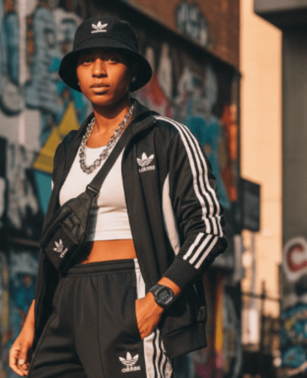 Frau steht mit adidas Freizeitkleidung Trainingsanzug vor einer Mauer mit Graffiti.