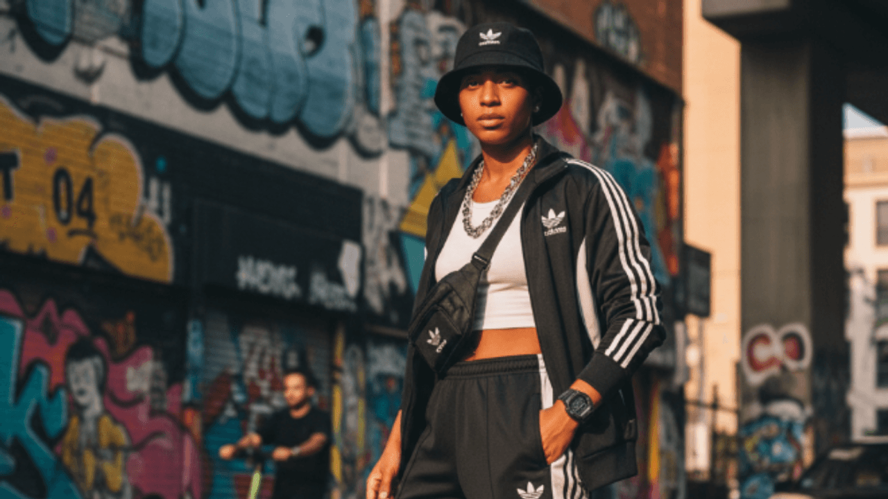 Frau steht mit adidas Freizeitkleidung Trainingsanzug vor einer Mauer mit Graffiti.