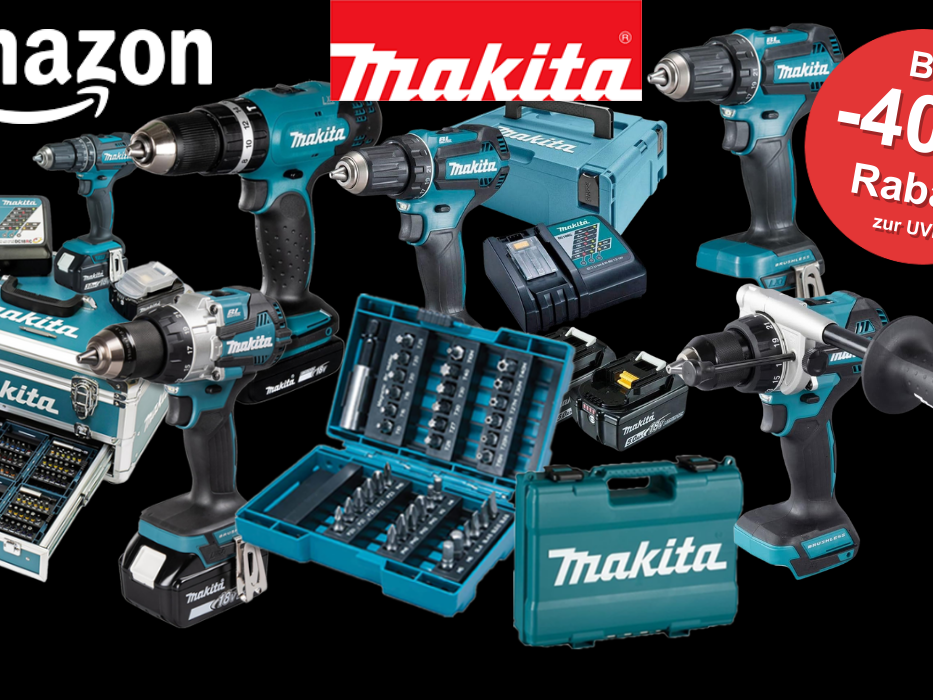 Makita Akku-Bohrschrauber, Schlagbohrschrauber mit Bohraufsatz Zubehör, Akkus, Transportkoffer, MAKPAC vor einem schwarzen Hintergrund zum Black month.