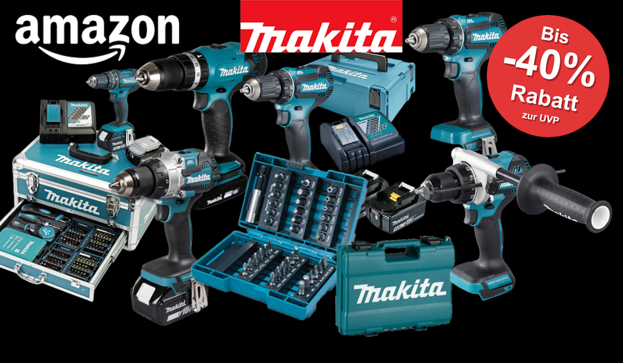 Makita Akku-Bohrschrauber, Schlagbohrschrauber mit Bohraufsatz Zubehör, Akkus, Transportkoffer, MAKPAC vor einem schwarzen Hintergrund zum Black month.