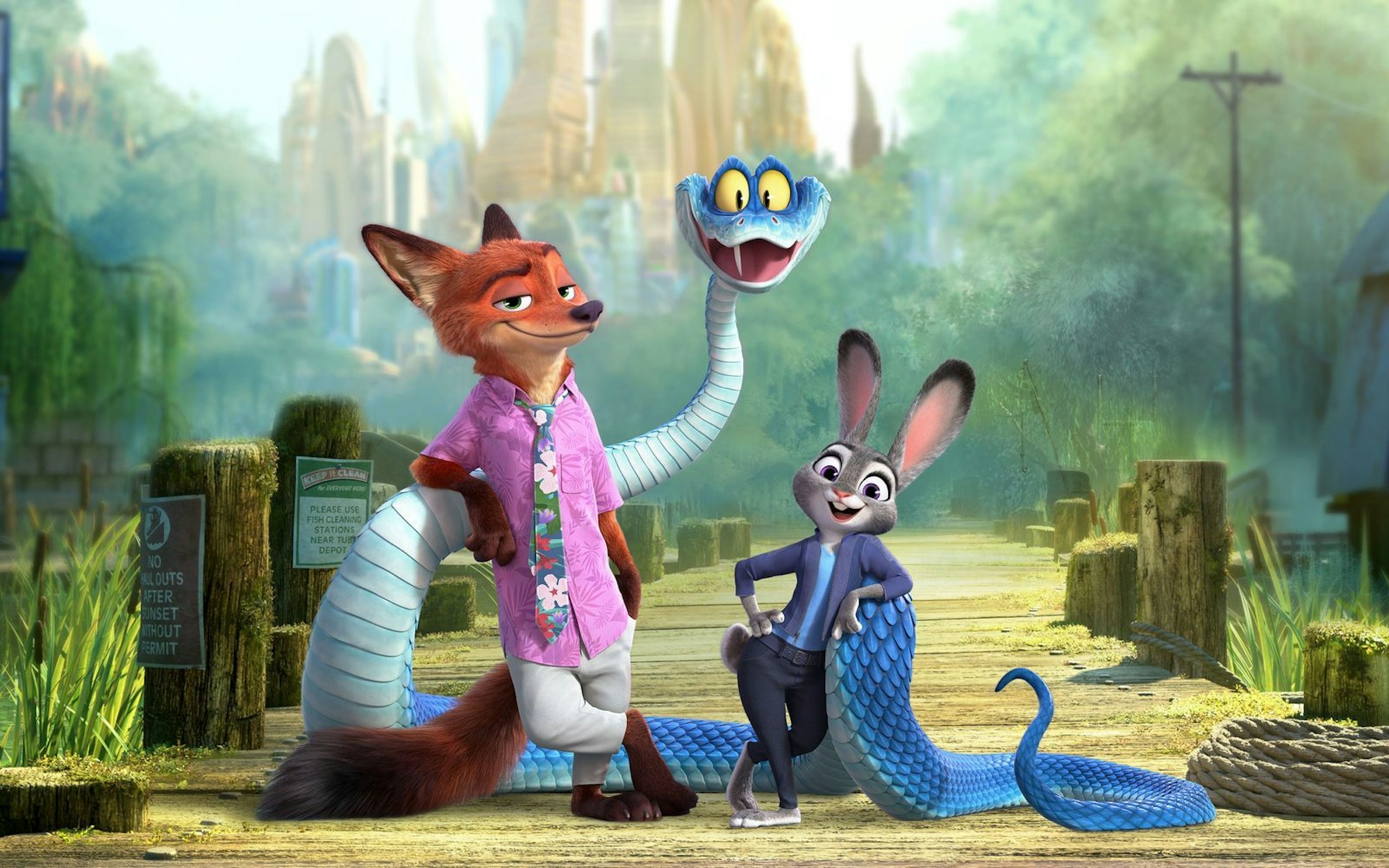 Fuchs Nick und Hase Judy treffen in „Zoomania 2“ auf Schlange Gary. Können Sie dem Kriechtier mit dem schlechten Ruf trauen? (Bild: 2025 Disney Enterprises)