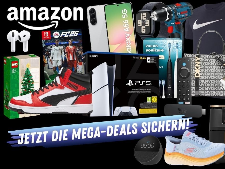 Produkte aus verschiedenen Kategorien wie Technik, Mode oder Haushalt. Braun IPL Silk Expert Pro 5 – IPL Geräte Haarentfernung, Bosch Professional Akkubohrschrauber, PlayStation 5 Digital, Apple AirPods 4 Kabellose Kopfhörer, Philips Sonicare DiamondClean 9000 elektrische Zahnbürste, Nintendo Switch EA Sports FC 26 Spiel, Puma Sneaker, Samsung Galaxy A56 Smartphone, Ninja Airfryer und mehr vor einem schwarzen Hintergrund.