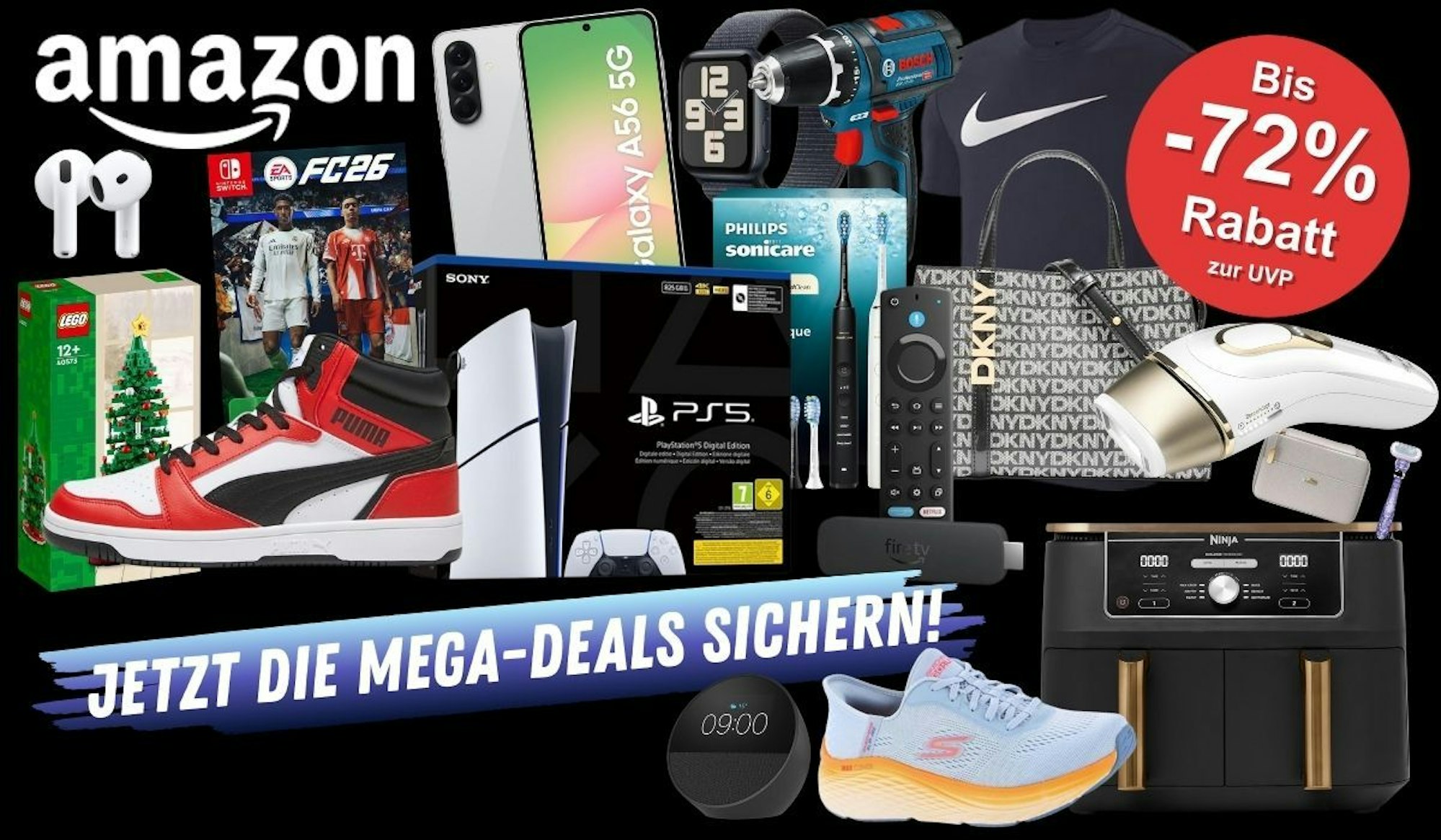 Produkte aus verschiedenen Kategorien wie Technik, Mode oder Haushalt. Braun IPL Silk Expert Pro 5 – IPL Geräte Haarentfernung, Bosch Professional Akkubohrschrauber, PlayStation 5 Digital, Apple AirPods 4 Kabellose Kopfhörer, Philips Sonicare DiamondClean 9000 elektrische Zahnbürste, Nintendo Switch EA Sports FC 26 Spiel, Puma Sneaker, Samsung Galaxy A56 Smartphone, Ninja Airfryer und mehr vor einem schwarzen Hintergrund.