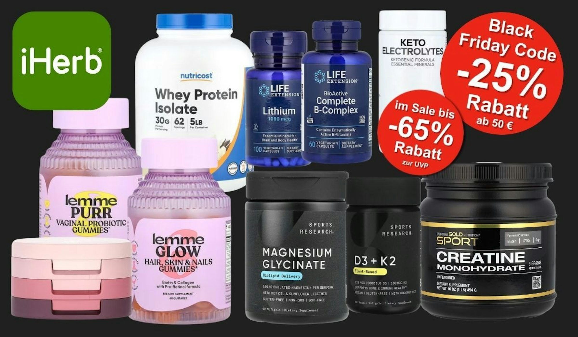 Verschiedene Supplements, Beauty und Nahrungsergänzungsprodukte, die aktuell im iHerb Sale erhältlich sind vor einem schwarzen Hintergrund.