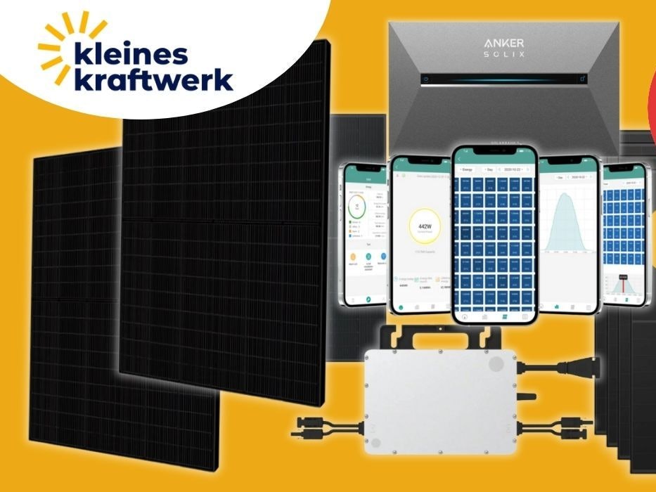 Kleines Kraftwerk Solarpanele und Balkonkraftwerk Sets mit Smartphones, auf denen die Kleines Kraftwerk App zu sehen ist sowie der Anker Solix 3 Solarbank Speicher vor einem gelben Hintergrund.