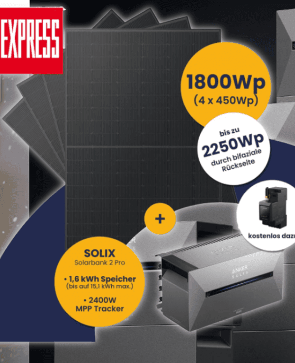 Balkonkraftwerk-Set Kleines Kraftwerk Quattro (4 × 450 Wp Full-Black Module) mit integrierter Anker Solarbank 3 E2700 Pro vor einer Straße in einer ruhigen Stadtgegend mit Einfamilienhäusern im Herbst.