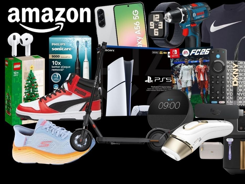 Produkte gesammelt vor einem schwarzen Hintergrund: Braun IPL Silk Expert Pro 5 – IPL Geräte Haarentfernung, Bosch Professional Akkubohrschrauber, PlayStation 5 Digital, Apple AirPods 4 Kabellose Kopfhörer, Philips Sonicare DiamondClean 9000 elektrische Zahnbürste, Nintendo Switch EA Sports FC 26 Spiel, Puma Sneaker, Samsung Galaxy A56 Smartphone, Ninja Airfryer.