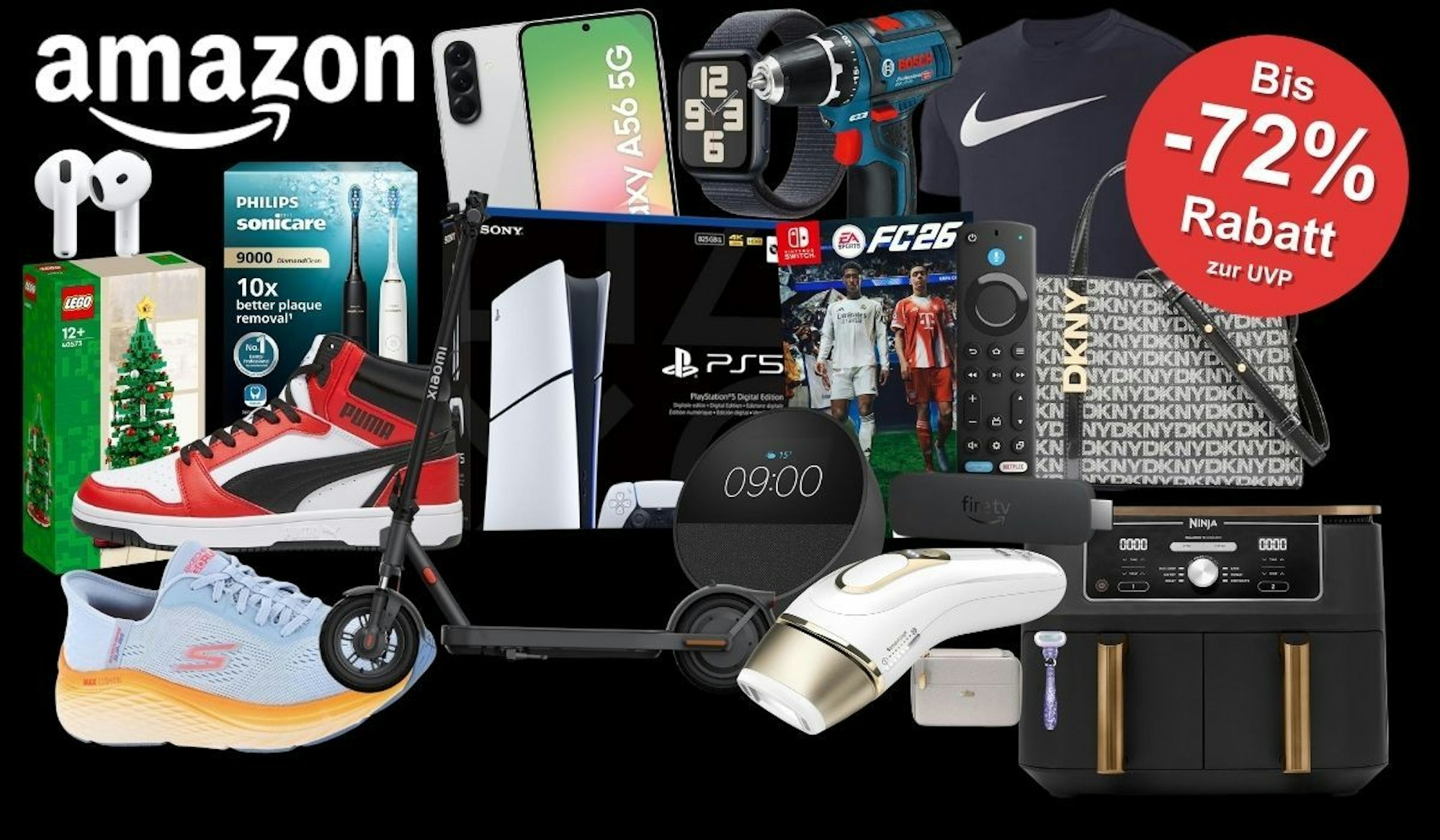 Produkte gesammelt vor einem schwarzen Hintergrund: Braun IPL Silk Expert Pro 5 – IPL Geräte Haarentfernung, Bosch Professional Akkubohrschrauber, PlayStation 5 Digital, Apple AirPods 4 Kabellose Kopfhörer, Philips Sonicare DiamondClean 9000 elektrische Zahnbürste, Nintendo Switch EA Sports FC 26 Spiel, Puma Sneaker, Samsung Galaxy A56 Smartphone, Ninja Airfryer.