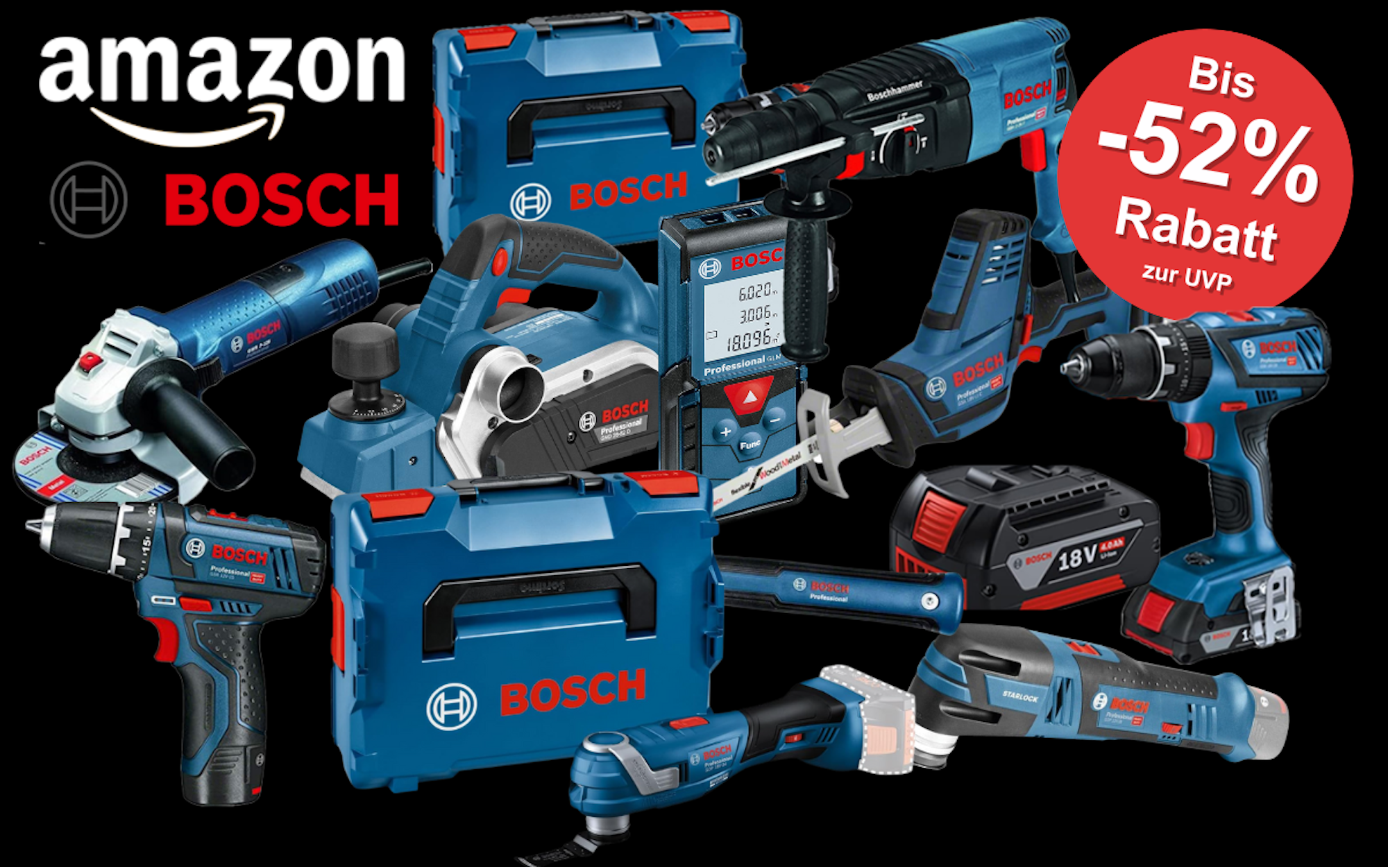 Bosch Professional Werkzeug vor schwarzem Hintergrund. Dabei Akkubohrschrauber, Laser Entfernungsmesser, Hammer, Schlagbohrmaschine, Winkelschleifer, Werkzeugkoffer, Säbelsäge, Elektrohobel.