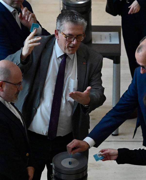 Friedrich Merz (r) bei der Abstimmung im Bundestag.