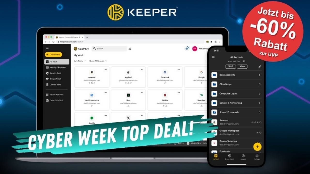 Keeper Passwort Manager auf einem Laptop Display und auf einem Handybildschirm.