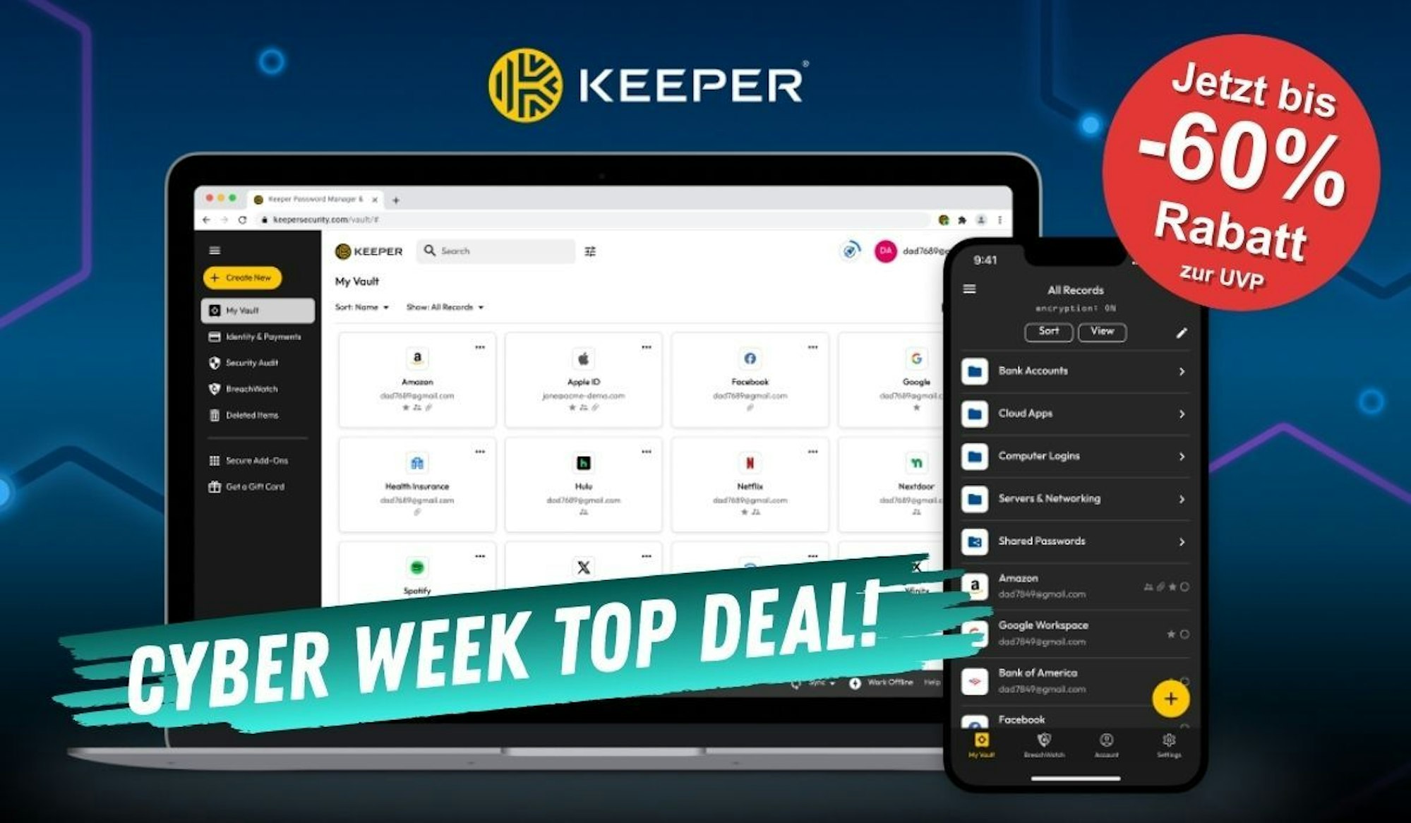 Keeper Passwort Manager auf einem Laptop Display und auf einem Handybildschirm.
