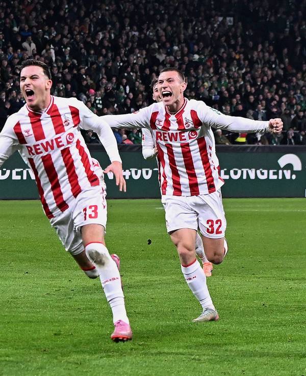 Said El Mala (1. FC Köln) jubelt, hinter ihm Kristoffer Lund.