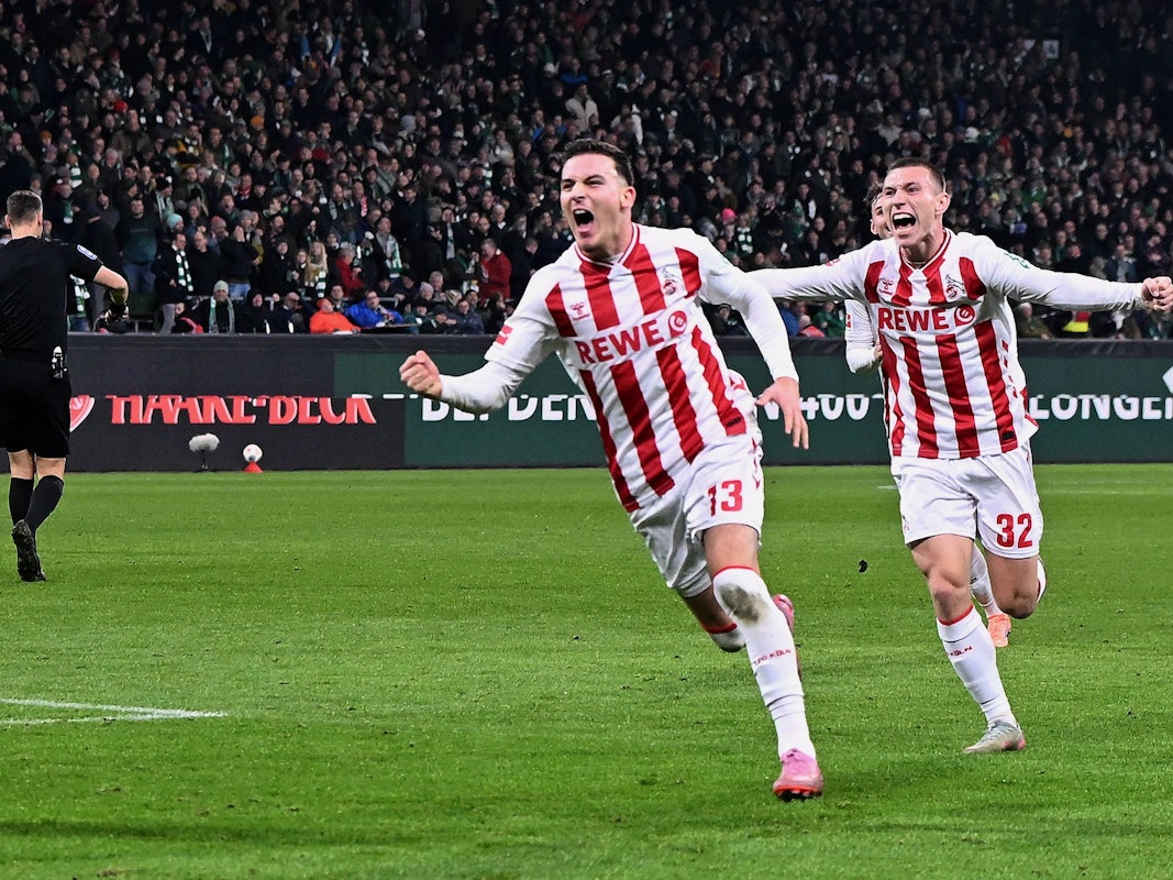 Said El Mala (1. FC Köln) jubelt, hinter ihm Kristoffer Lund.