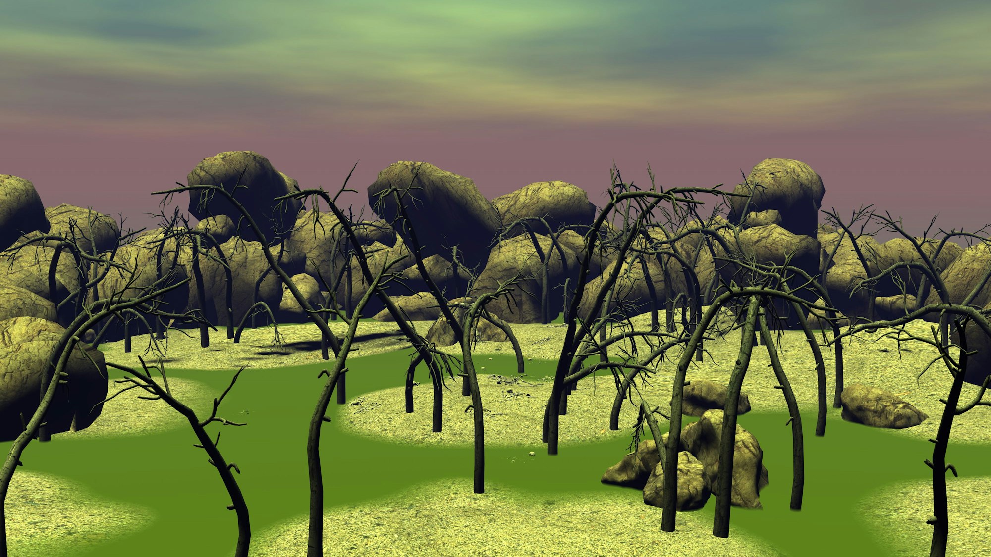 Eine surreale Landschaft mit kahlen Bäumen, großen Felsen und einem mehrfarbigen Himmel