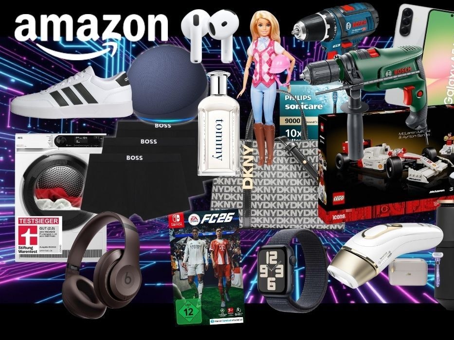 Produkte vor einem technischen, Neonblau und rosa Hintergrund mit Schlatkreisen. Braun IPL Silk Expert Pro 5 – IPL Geräte Haarentfernung, Bosch Professional Akkubohrschrauber, Tommy Hilfiger Parfum, Digital, Apple AirPods 4 Kabellose Kopfhörer, Lego Formel 1 McLaren, Beats Kopfhörer, AEG Waschmaschine, Boss Boxershorts, DKNY Handtasche, Philips Sonicare DiamondClean 9000 elektrische Zahnbürste, Nintendo Switch EA Sports FC 26 Spiel, Adidas Sneaker, Nike Sneaker, Samsung Galaxy A56 Smartphone, Ninja Airfryer.