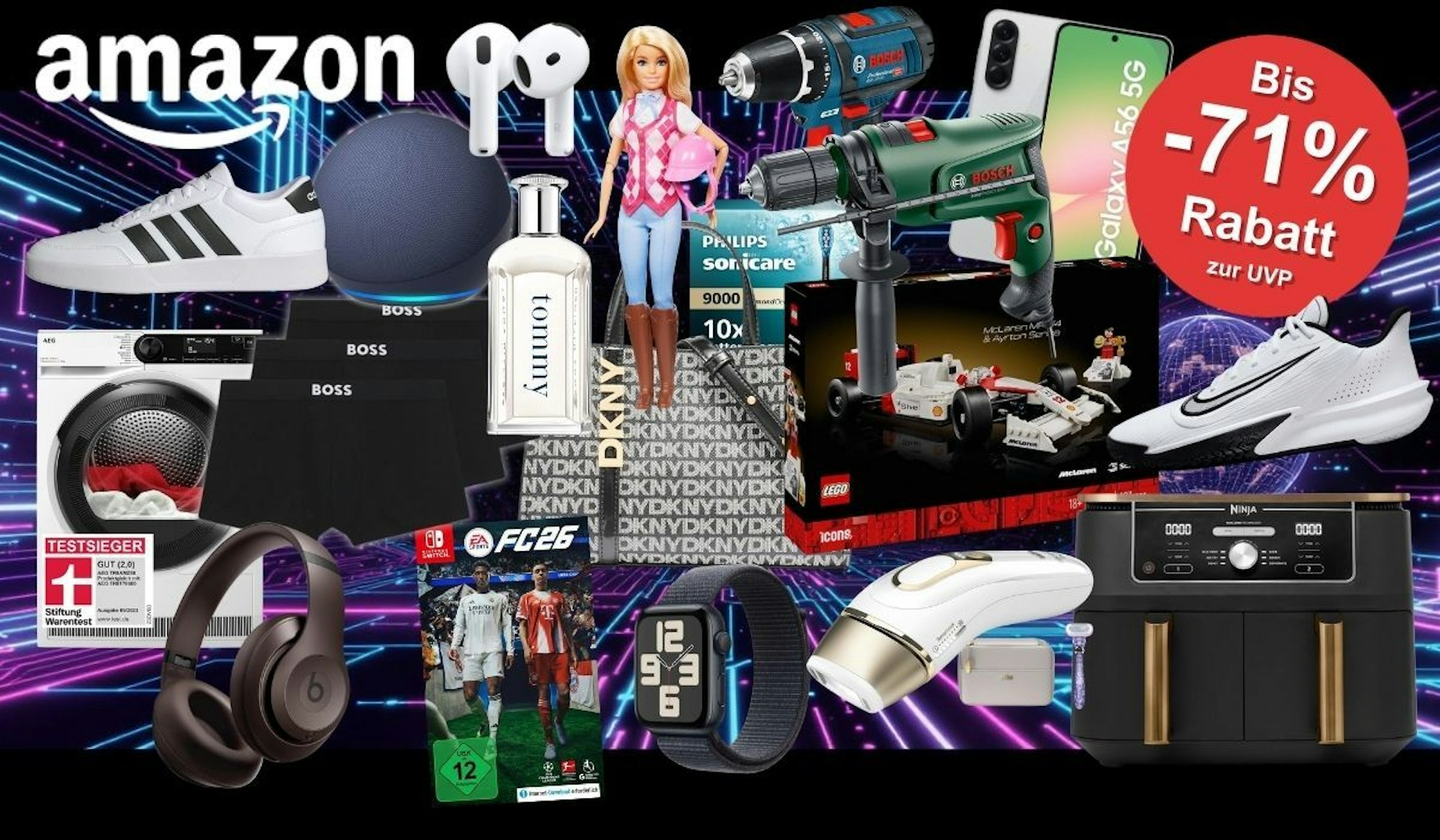 Produkte vor einem technischen, Neonblau und rosa Hintergrund mit Schlatkreisen. Braun IPL Silk Expert Pro 5 – IPL Geräte Haarentfernung, Bosch Professional Akkubohrschrauber, Tommy Hilfiger Parfum, Digital, Apple AirPods 4 Kabellose Kopfhörer, Lego Formel 1 McLaren, Beats Kopfhörer, AEG Waschmaschine, Boss Boxershorts, DKNY Handtasche, Philips Sonicare DiamondClean 9000 elektrische Zahnbürste, Nintendo Switch EA Sports FC 26 Spiel, Adidas Sneaker, Nike Sneaker, Samsung Galaxy A56 Smartphone, Ninja Airfryer.