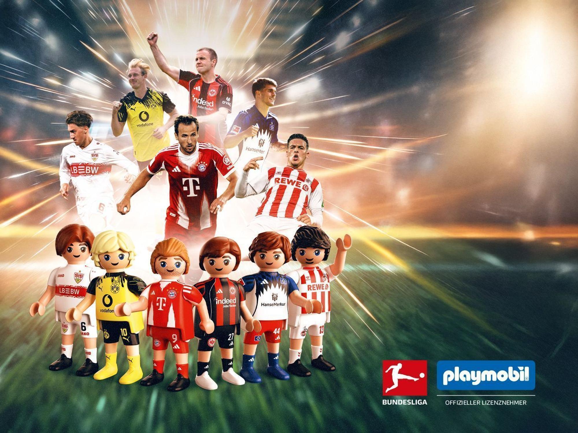 Das computergenerierte Bild zeigt Bundesliga-Fußballer Angelo Stiller (hinten, l-r), Julian Brandt, Harry Kane, Mario Götze, Luka Vuskovic und Said El Mala und die jeweiligen Playmobil-Figuren.