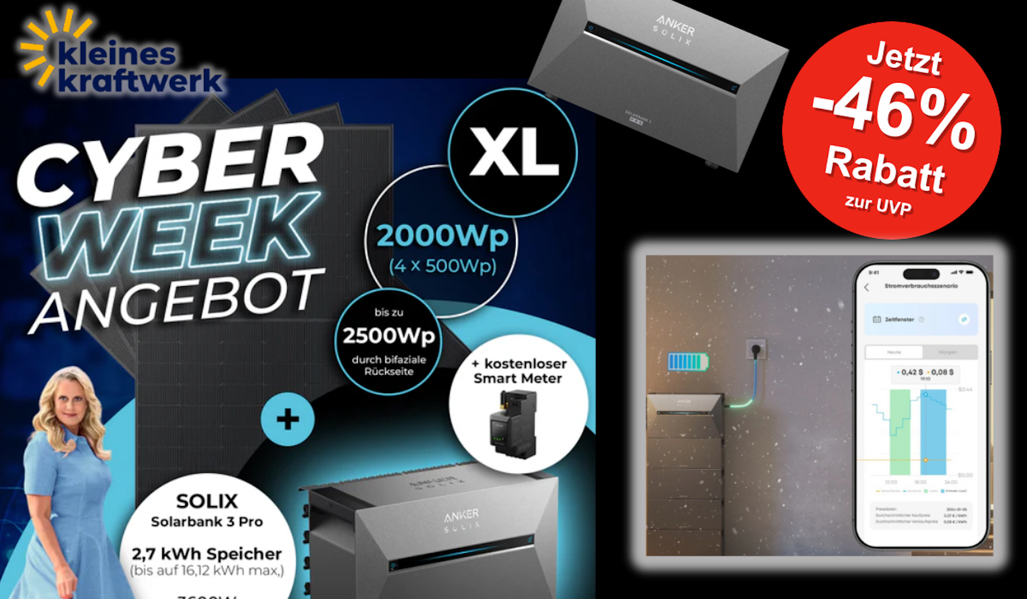 Kleines Kraftwerk Balkonkraftwerk Angebot in der Cyber Week mit Anker Soix Speicher, Solarpanelen und Smartphone App