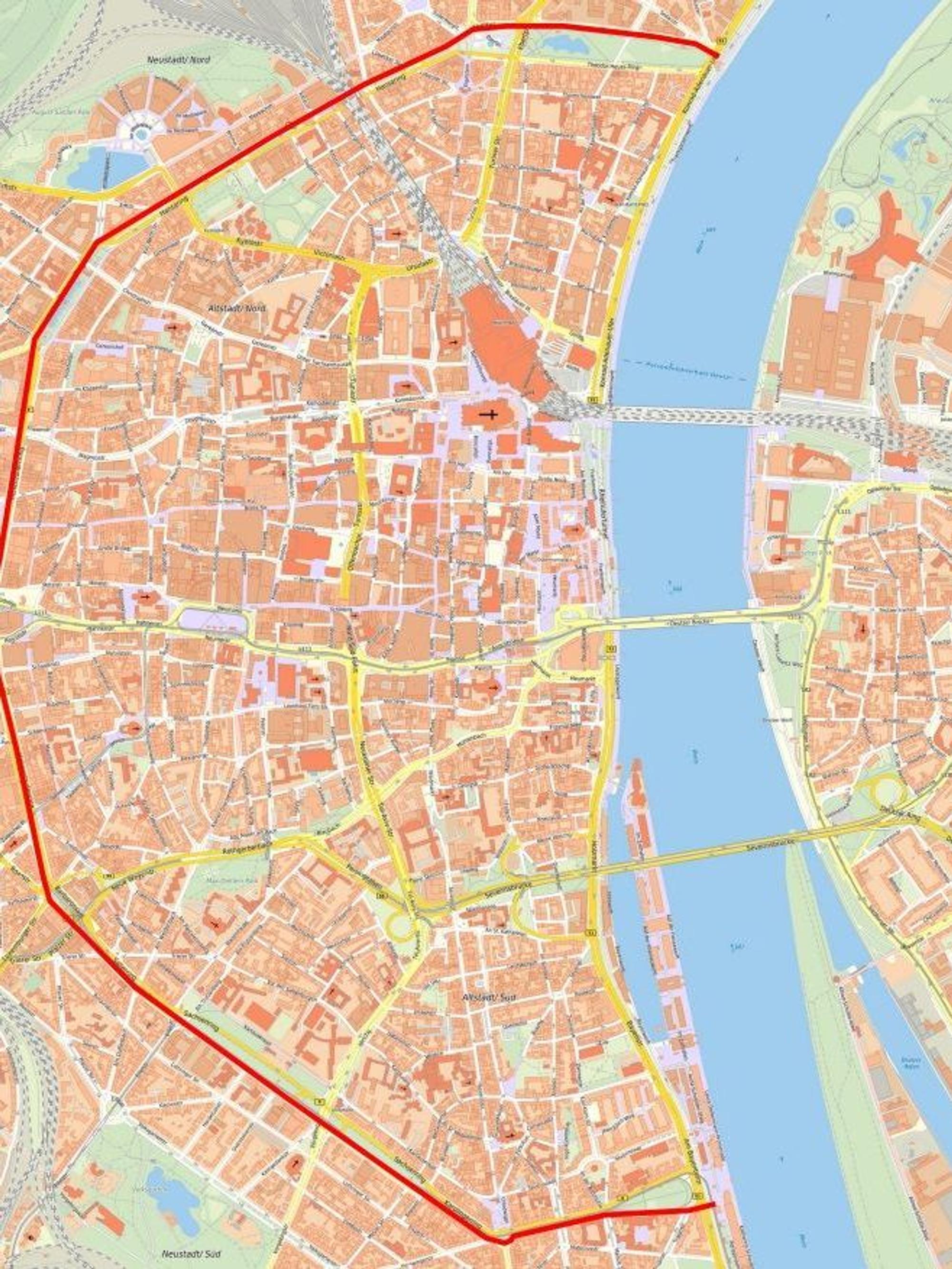 Eine rote Linie markiert die Böllerverbotszone, die links vom Rhein liegt.