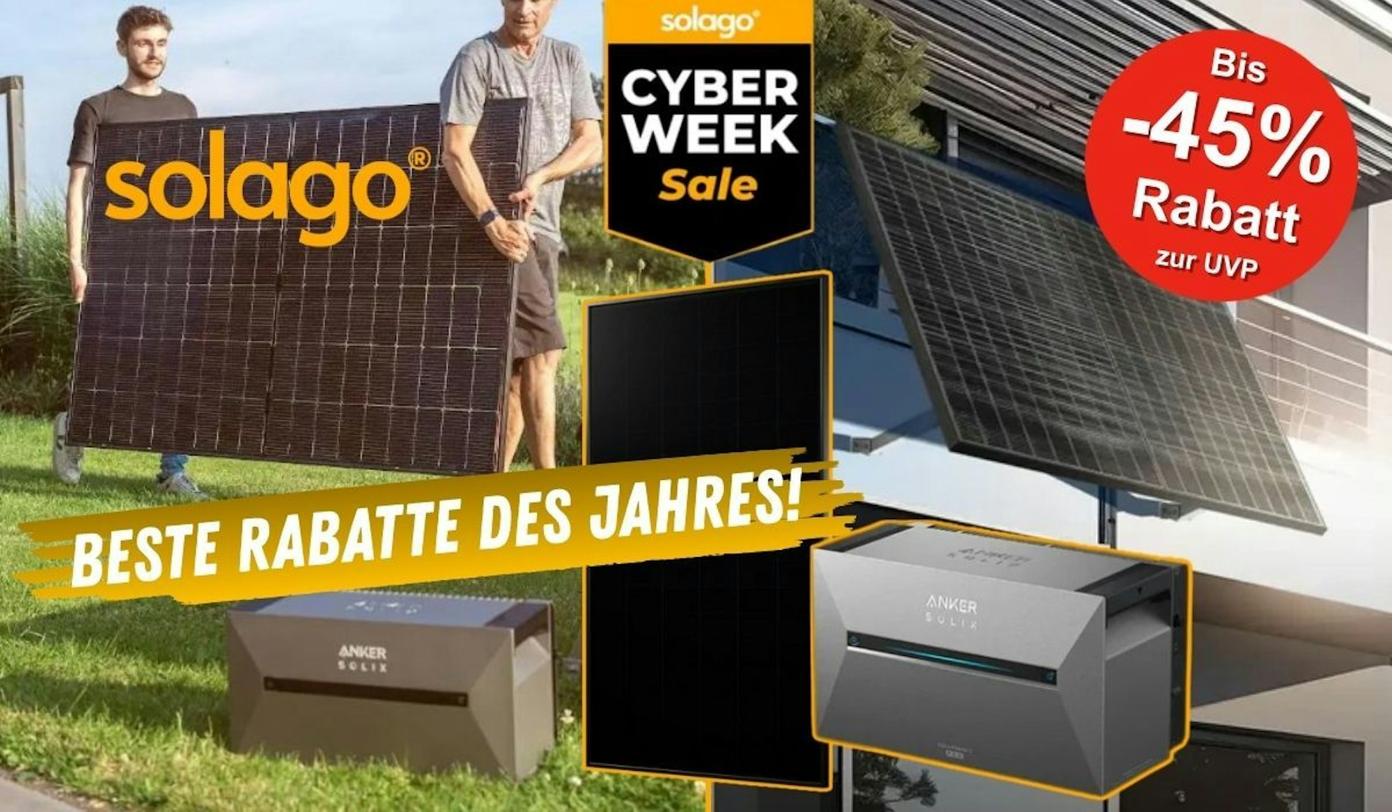 Zwei Männer tragen ein Solarpanel für von Solago über eine Rasenfläche. Daneben ein Balkonkraftwerk an einem Gitterbalkon.