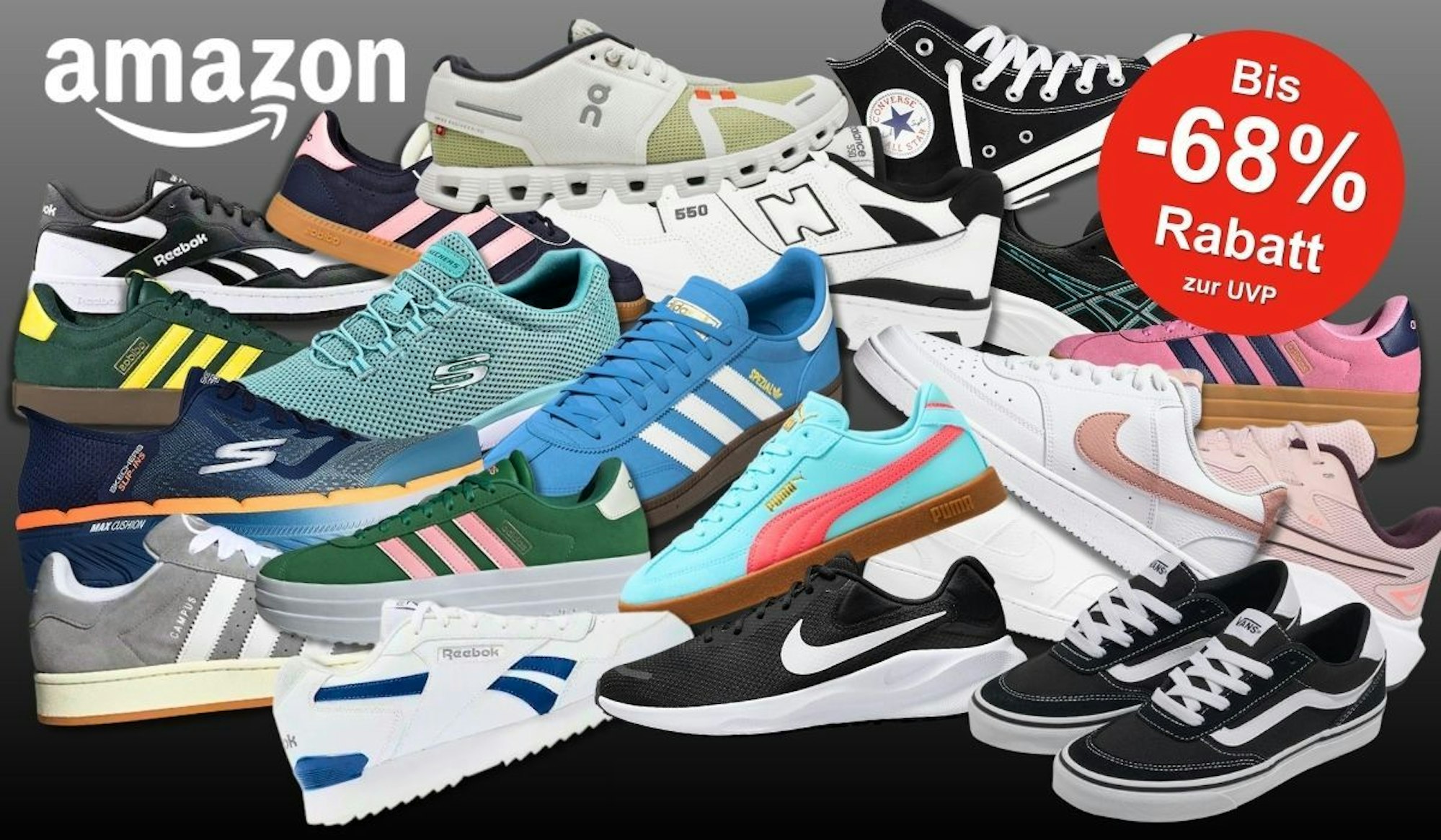 Sneaker Modelle von Nike, adidas, Skechers, On, Puma, New Balance, Vans, Asics, Reebok, Converse und mehr vor einem dunklen Hintergrund.