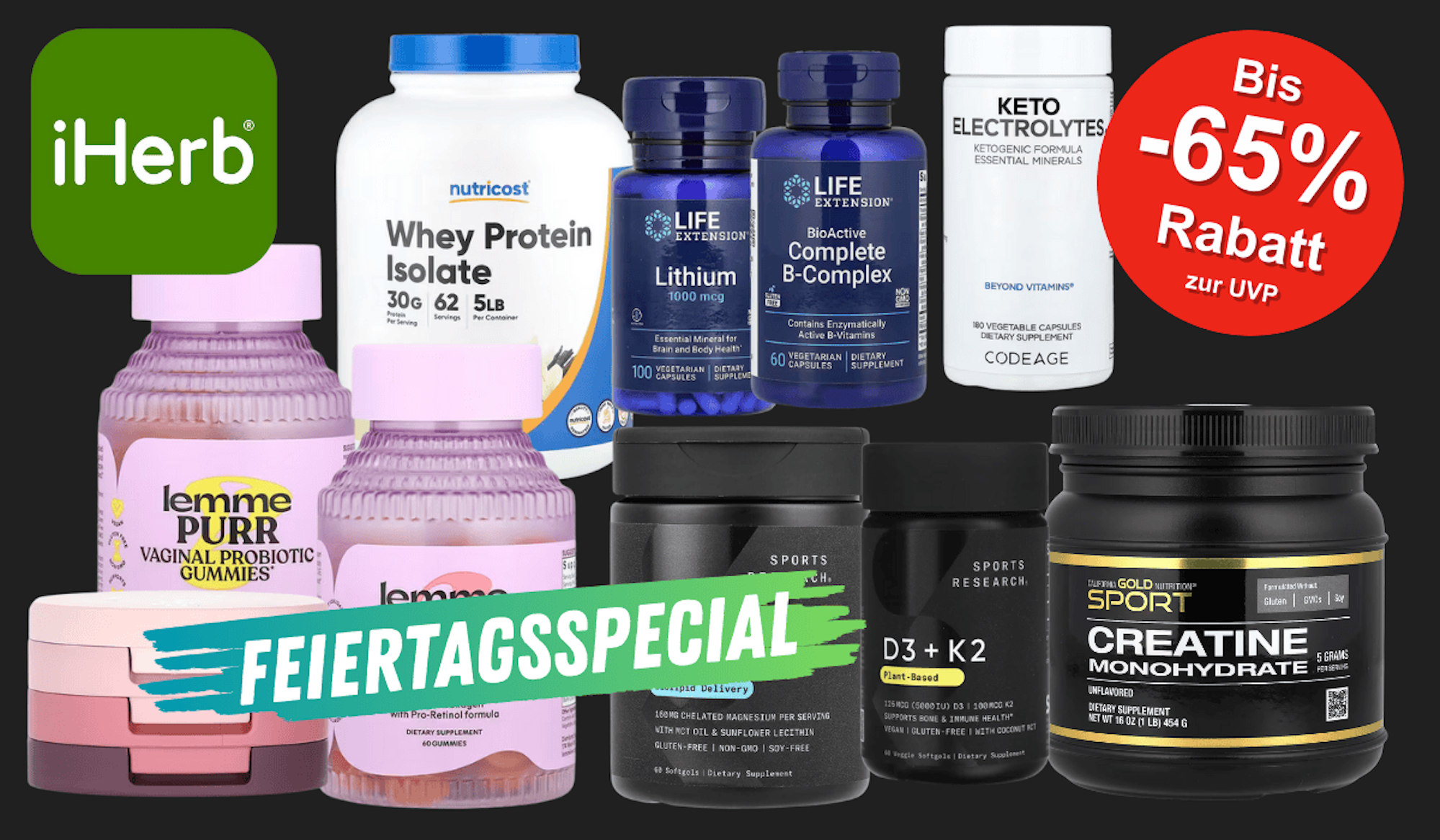 Verschiedene Supplements, Beauty und Nahrungsergänzungsprodukte, die aktuell im iHerb Sale erhältlich sind vor einem schwarzen Hintergrund.