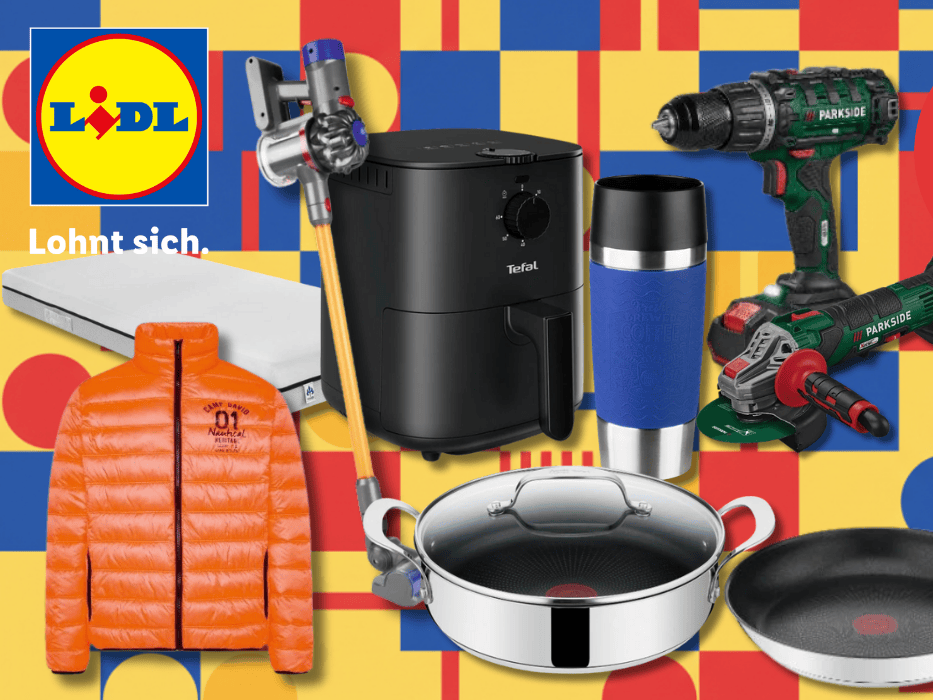 Verschiedene Produktbilder von Matratzen, Jacken, Küchengeräten, Bohrern etc. vor einem bunten Hintergrund.