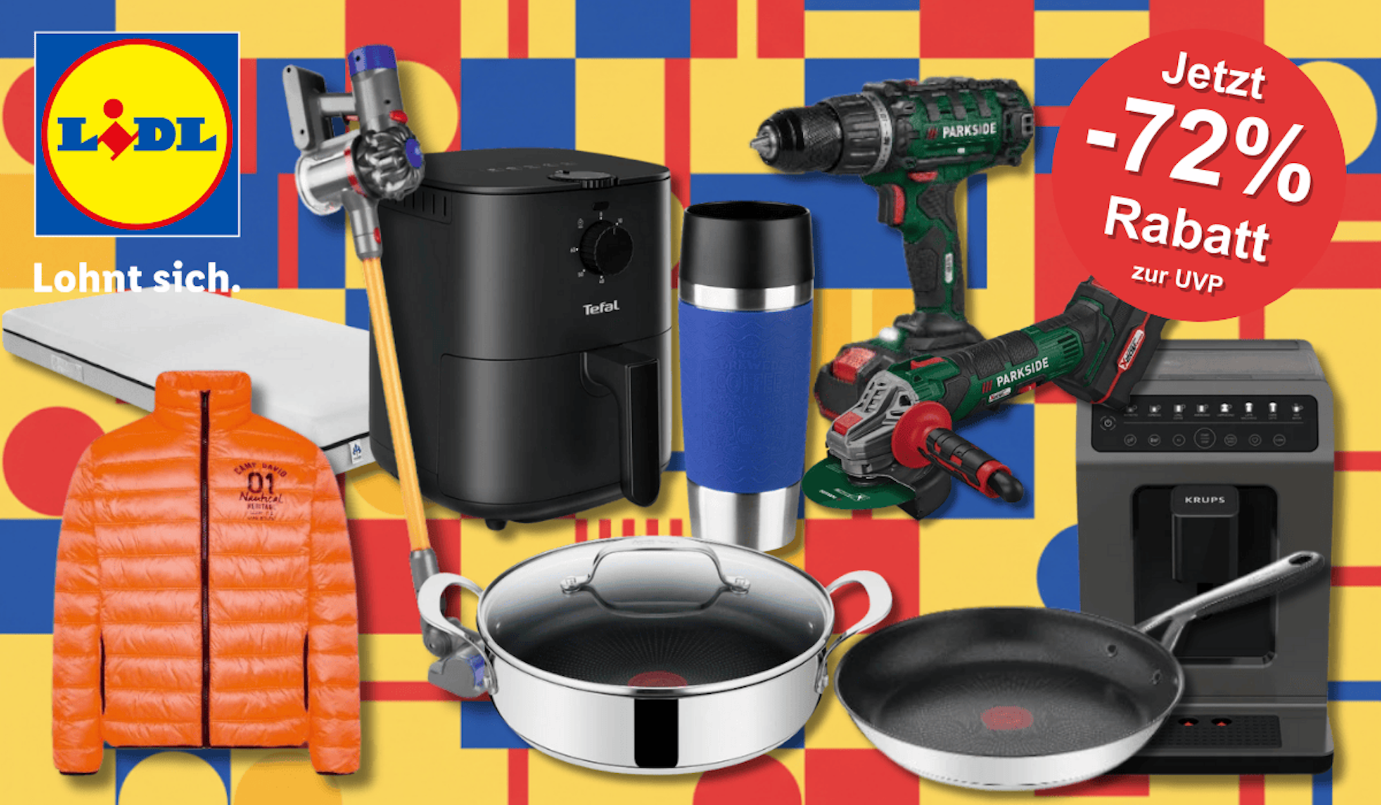 Verschiedene Produktbilder von Matratzen, Jacken, Küchengeräten, Bohrern etc. vor einem bunten Hintergrund.