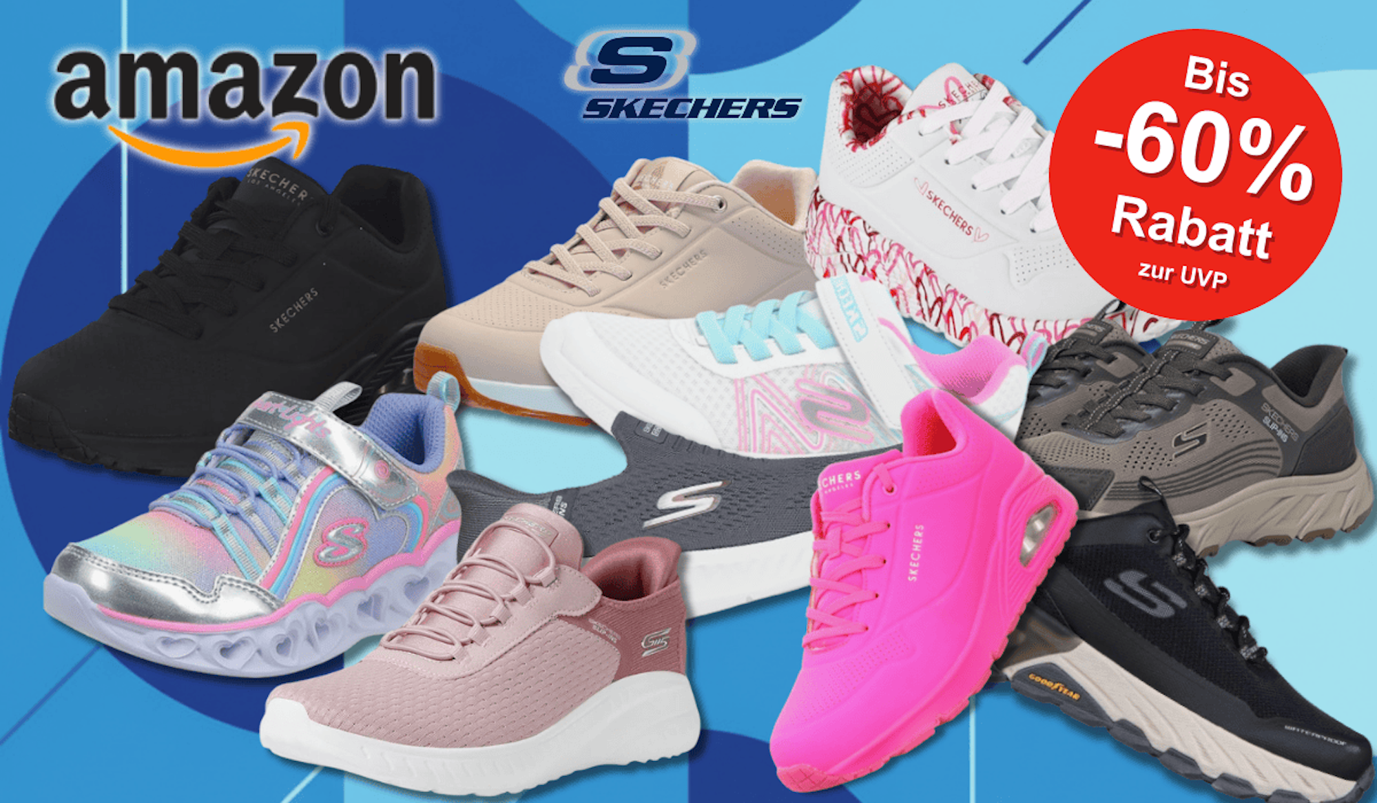 Skechers Sneaker Modelle in verschiedenen Farben vor einem schwarzen Hintergrund.