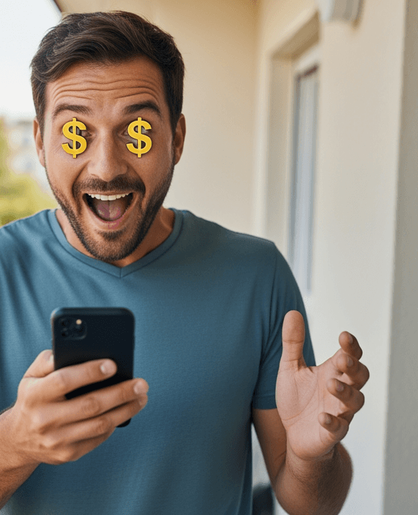 Ein Mann steht auf einem Balkon und schaut mit weit geöffneten Augen und Dollarzeichen in den Augen erfreut auf sein Handy.