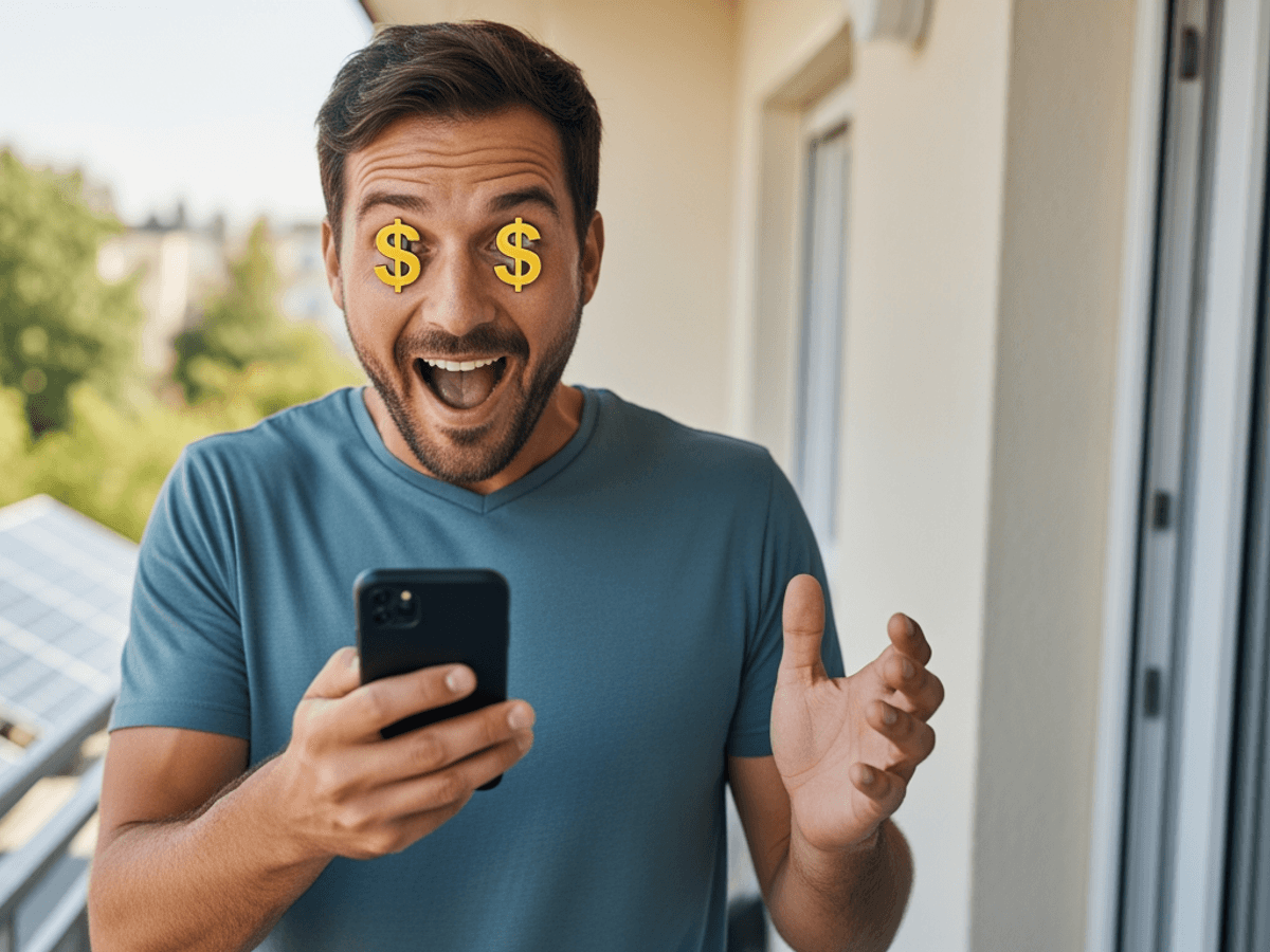 Ein Mann steht auf einem Balkon und schaut mit weit geöffneten Augen und Dollarzeichen in den Augen erfreut auf sein Handy.