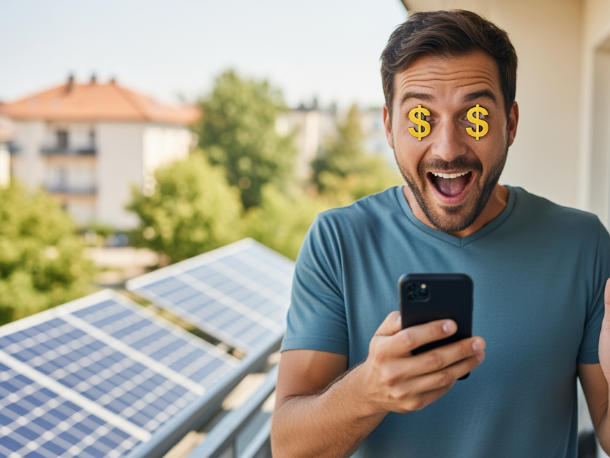 Ein Mann steht auf einem sonnigen Balkon und schaut mit weit geöffneten Augen und offenem Mund überrascht und freudig auf sein Handy.