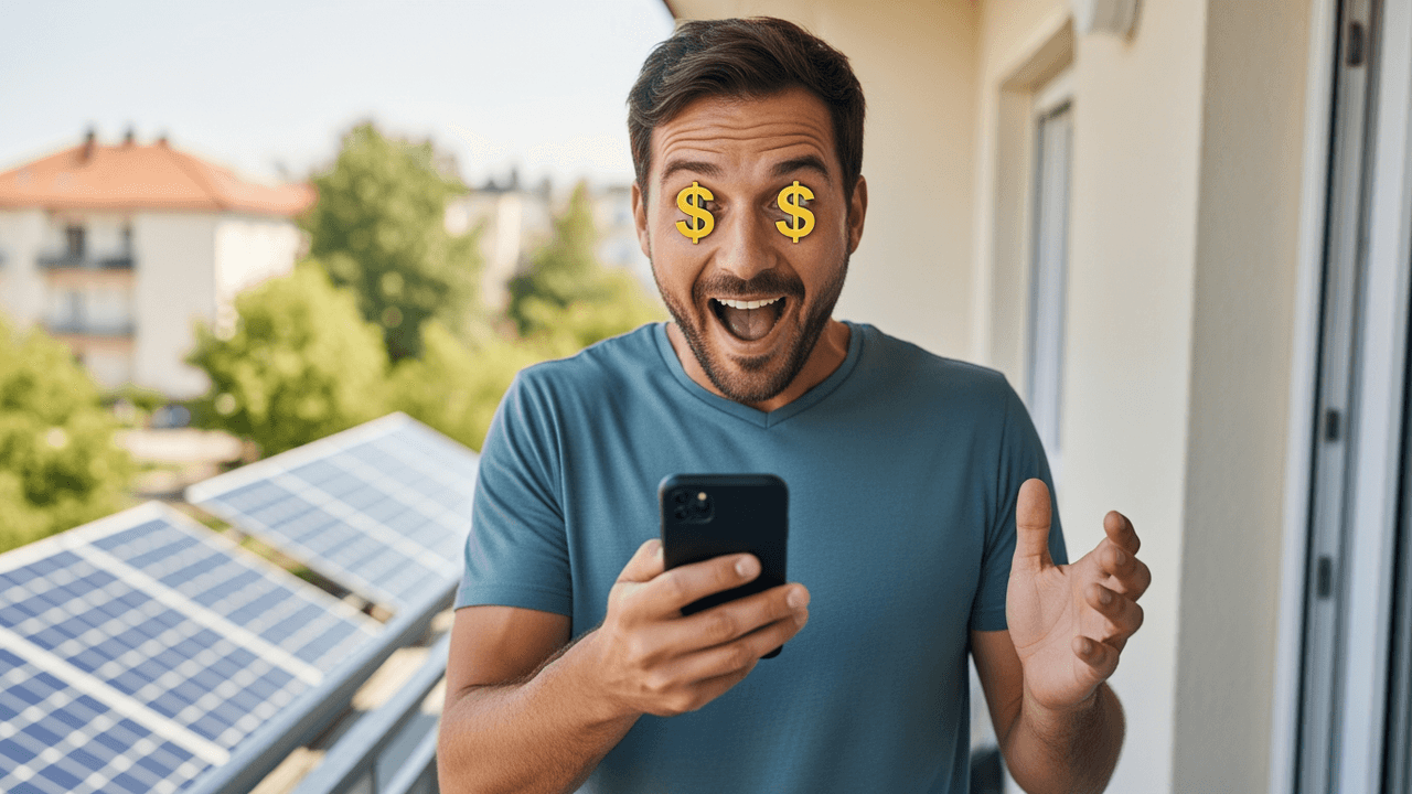 Ein Mann steht auf einem Balkon und schaut mit weit geöffneten Augen und Dollarzeichen in den Augen erfreut auf sein Handy.