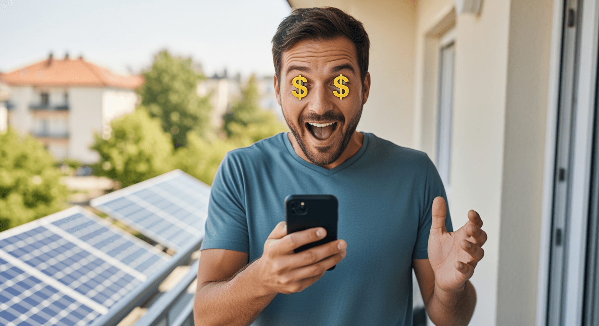 Ein Mann steht auf einem Balkon und schaut mit weit geöffneten Augen und Dollarzeichen in den Augen erfreut auf sein Handy.