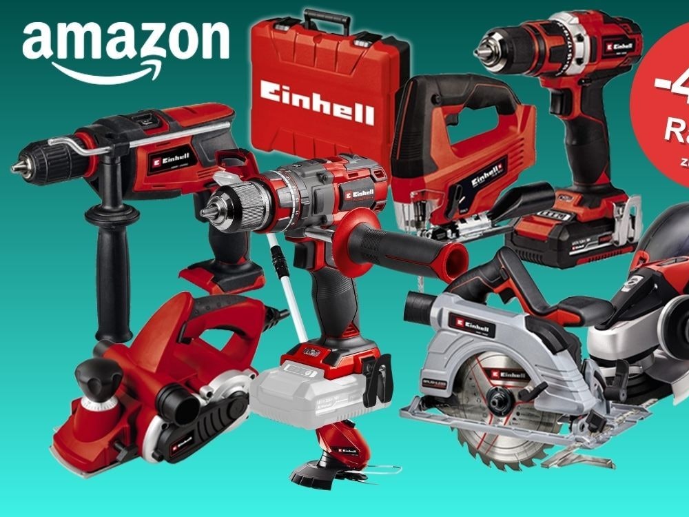 Einhell Werkzeug vor einem türkisfarbenen Hintergrund. Verschiedene Modelle und Geräte wie Einhell Akku-Bohrschrauber, Elektrohobel, Winkelschleifer, Kreissäge, Multitool Stichsäge, Werkzeugkoffer und mehr.
