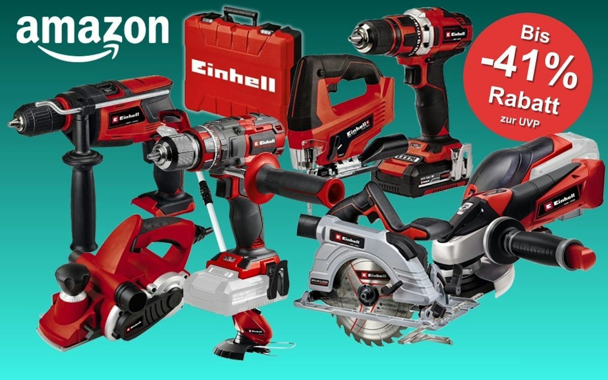 Einhell Werkzeug vor einem türkisfarbenen Hintergrund. Verschiedene Modelle und Geräte wie Einhell Akku-Bohrschrauber, Elektrohobel, Winkelschleifer, Kreissäge, Multitool Stichsäge, Werkzeugkoffer und mehr.