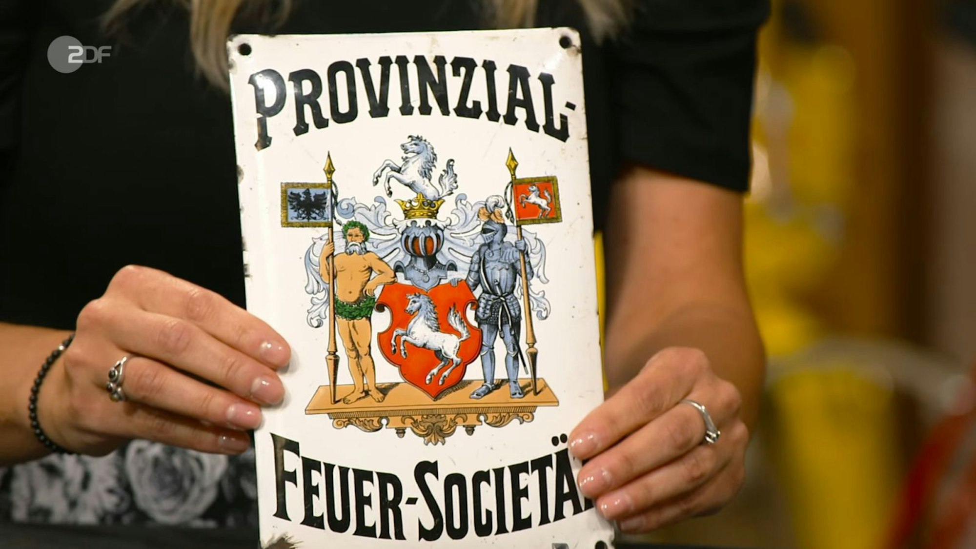 Die Expertin klärte auf: „Das ist kein Emaille-Schild. Das ist ein Versicherungsschein.“ (Bild: ZDF)