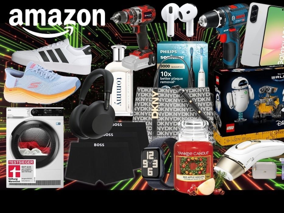 Produkte vor einem technischen, gelben und grünen Hintergrund mit Schaltkreisen. Braun IPL Silk Expert Pro 5 – IPL Geräte Haarentfernung, Einhell Akkuschrauber, Skechers Sneaker, Bosch Professional Akkubohrschrauber, Tommy Hilfiger Parfum, Apple AirPods 4 Kabellose Kopfhörer, Lego Disney WALL-E, Sony WH-1000XM6 Kopfhörer, AEG Waschmaschine, Boss Boxershorts, DKNY Handtasche, Philips Sonicare DiamondClean 9000 elektrische Zahnbürste, Adidas Sneaker, Samsung Galaxy A56 Smartphone, Ninja Airfryer, Yankee Candle..